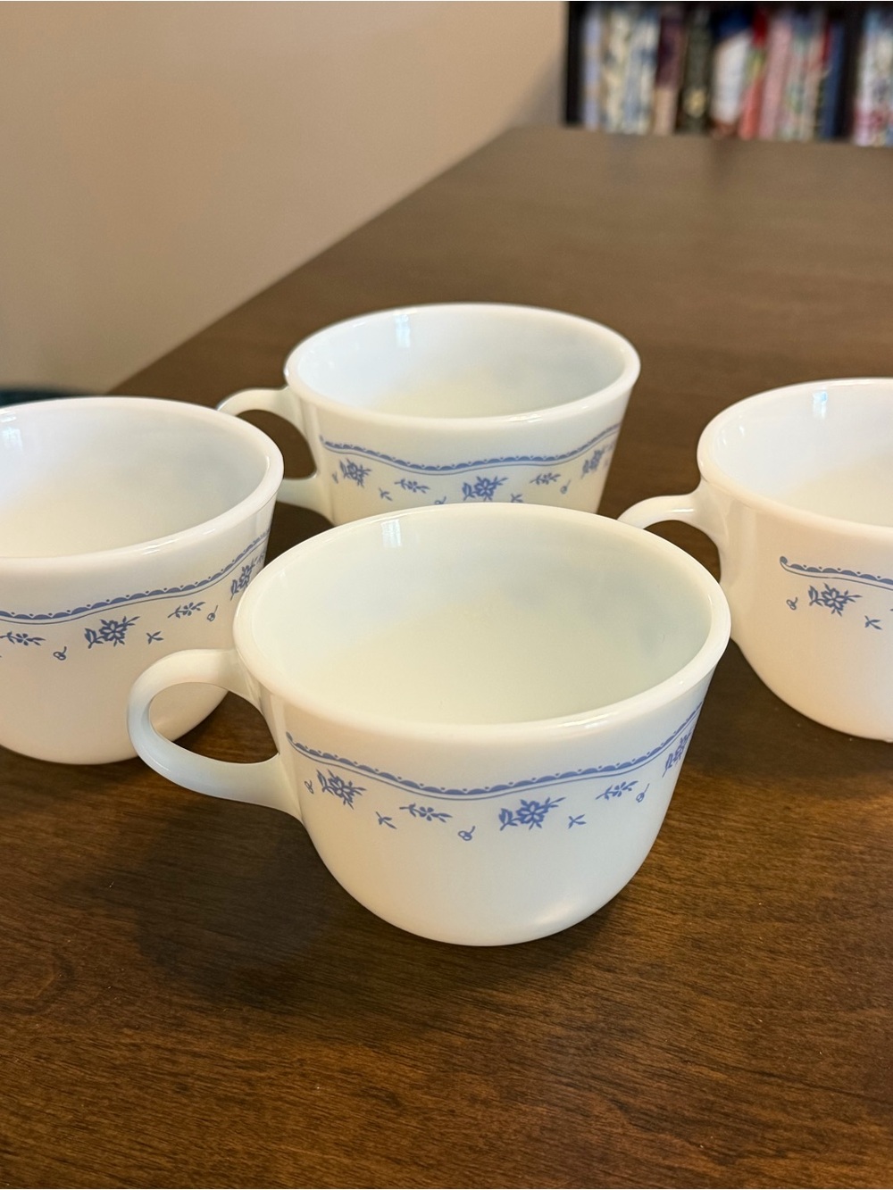 Vintage Pyrex “Morning Blue” - Set of 4 Floral Milk Glass Coffee / Tea Mugs